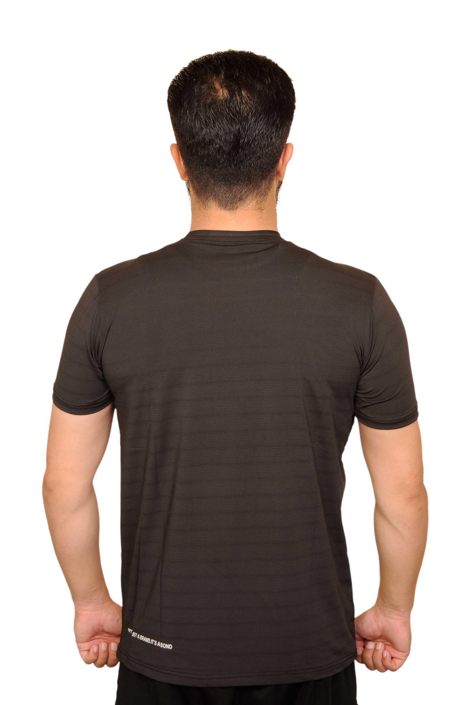 Man with short dark hair wearing a plain black T-shirt viewed from the back on white background