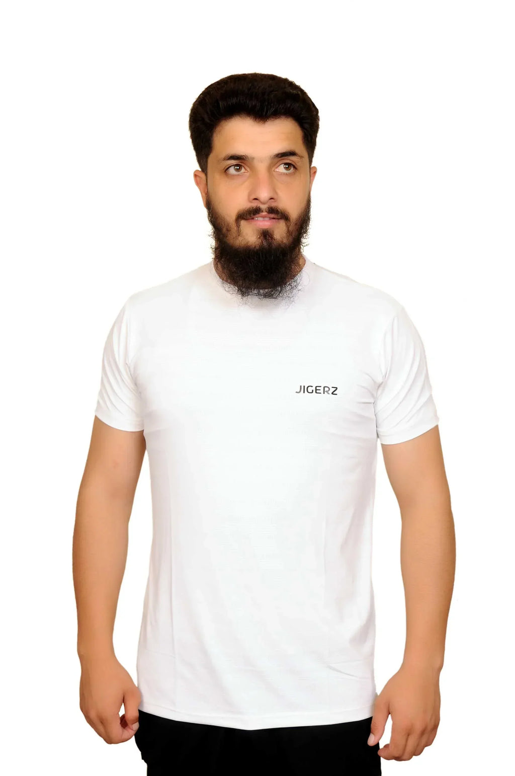 man with beard wearing plain white JIGERZ t-shirt standing against white background