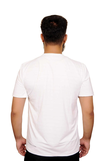 Man wearing plain white short-sleeve T-shirt viewed from the back against white background