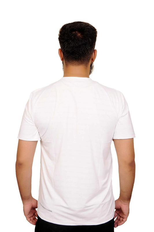 Man wearing plain white short-sleeve T-shirt viewed from the back against white background