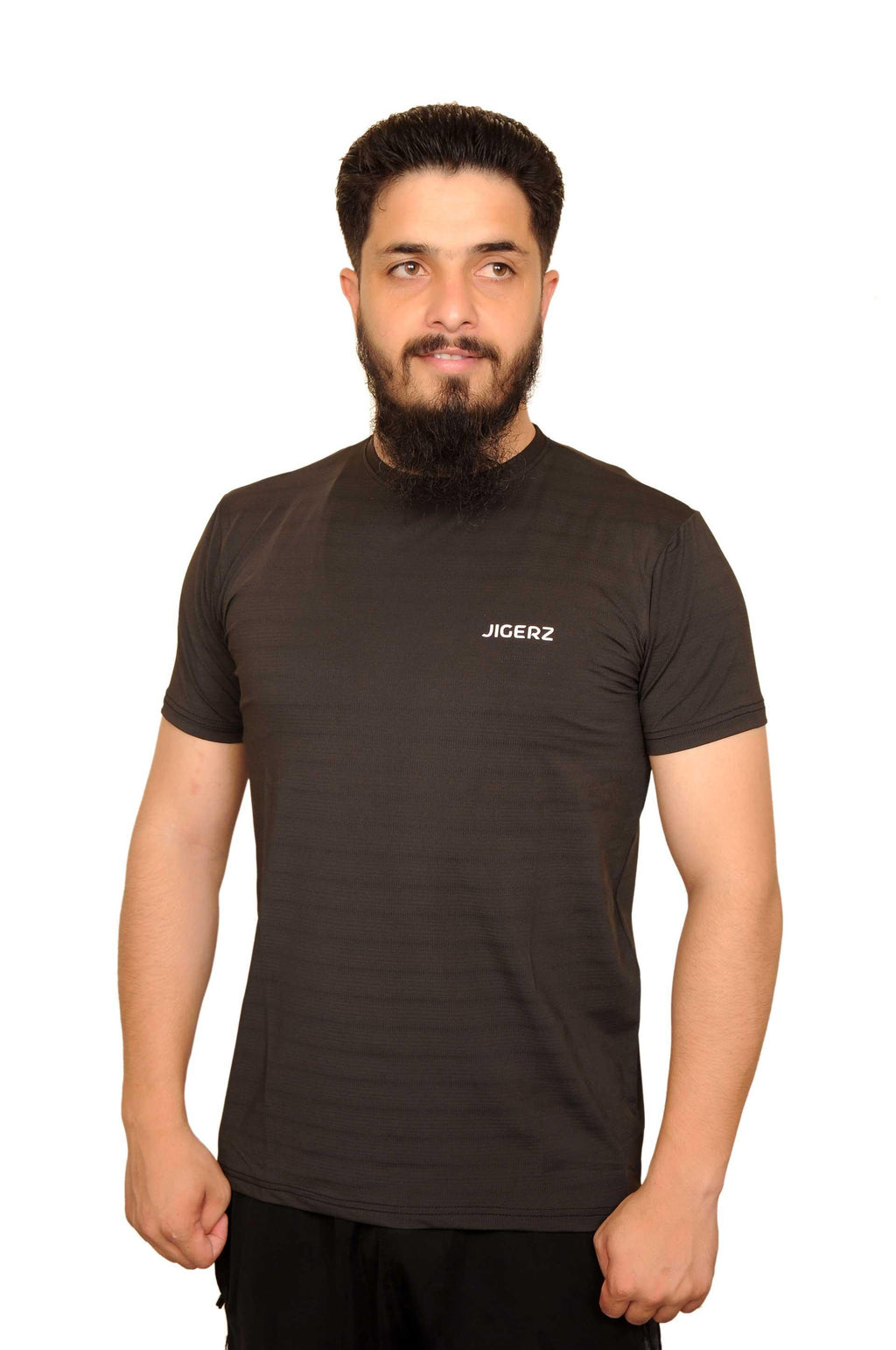 Man with beard wearing black Jigerz t-shirt on white background