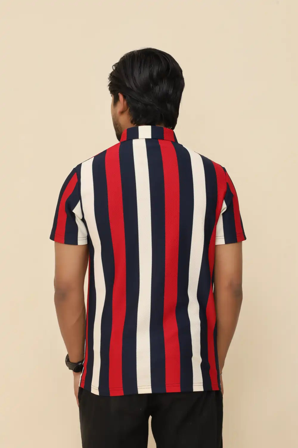 Crimson Navy Stripe Popcorn Knit Stretch Polo T-Shirt
