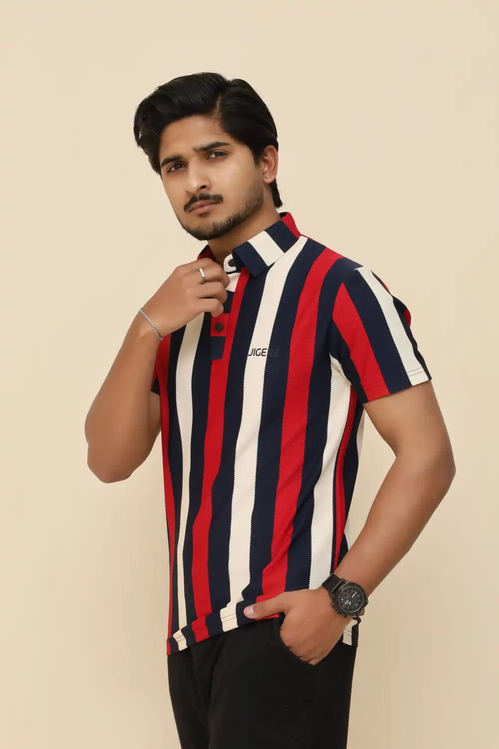 Crimson Navy Stripe Popcorn Knit Stretch Polo T-Shirt