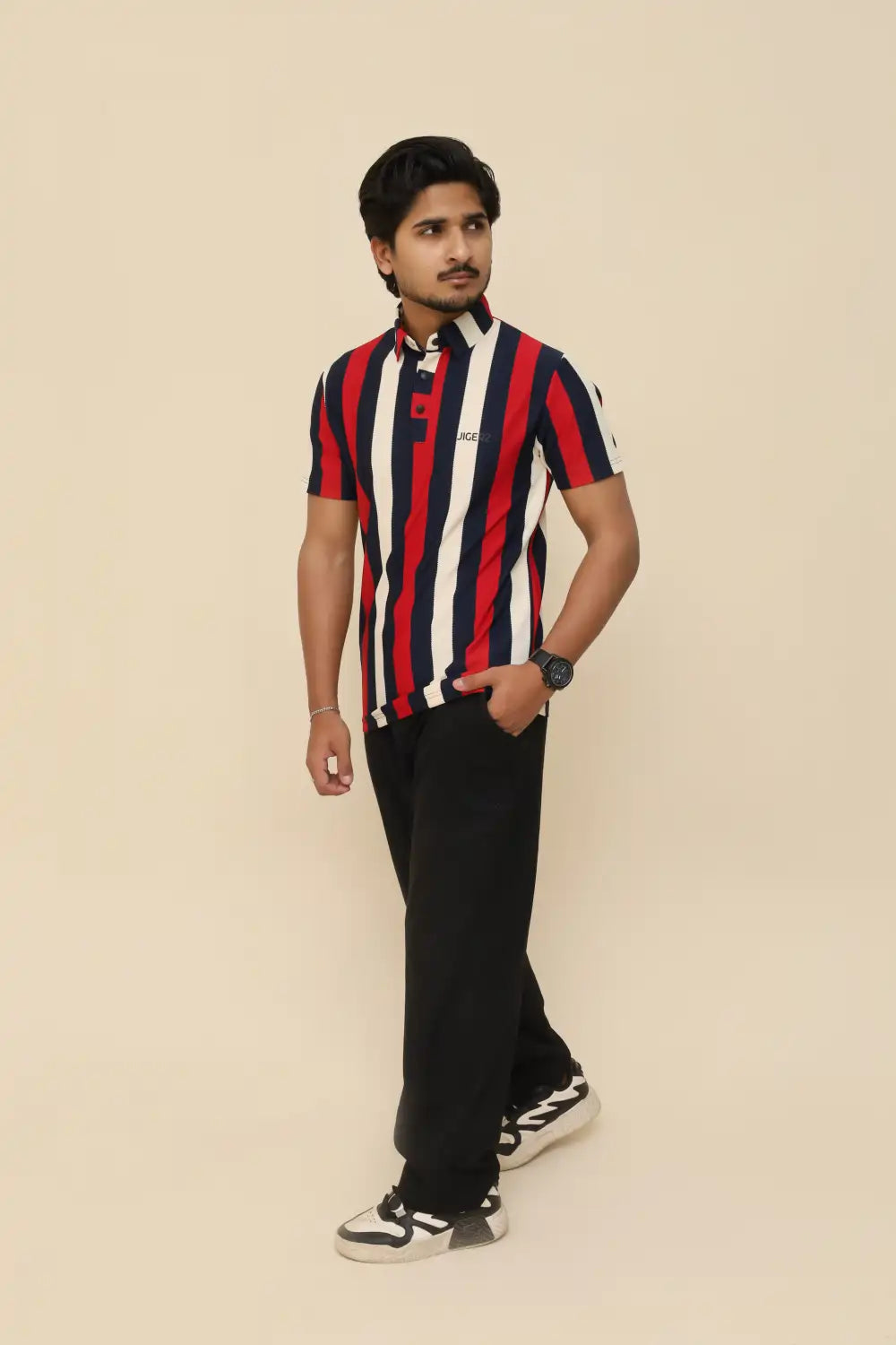 Crimson Navy Stripe Popcorn Knit Stretch Polo T-Shirt