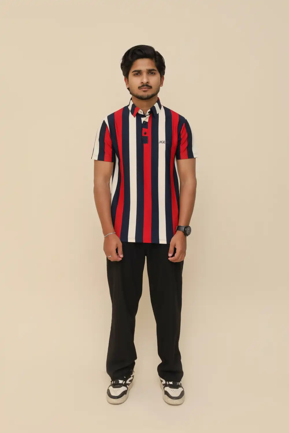 Crimson Navy Stripe Popcorn Knit Stretch Polo T-Shirt