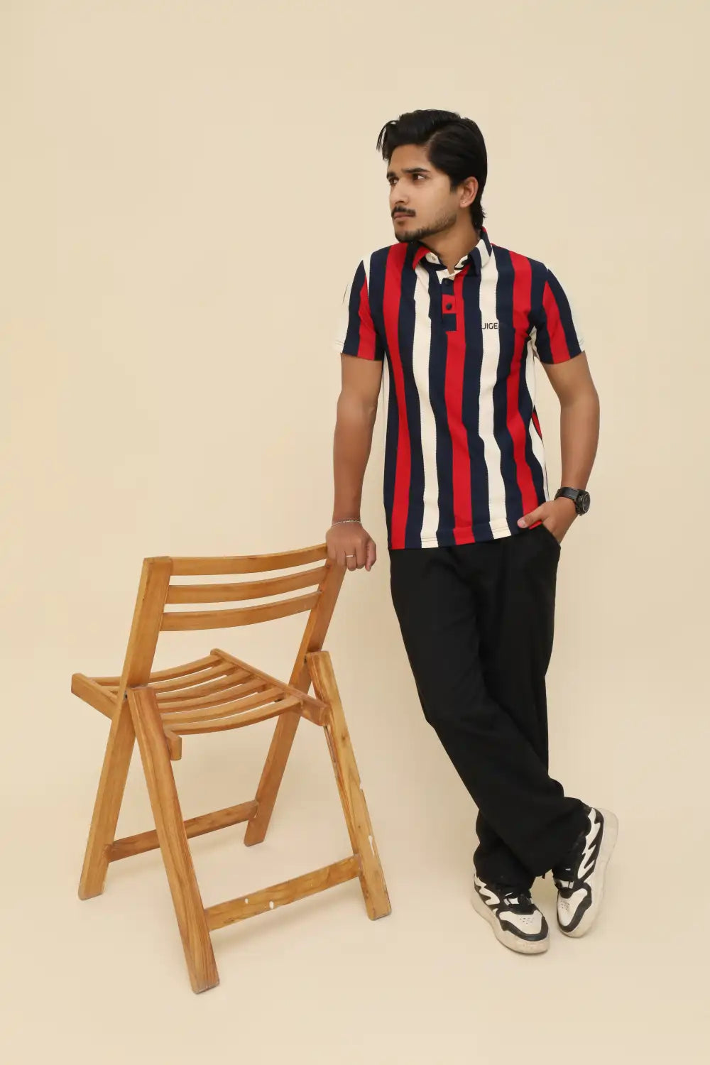 Crimson Navy Stripe Popcorn Knit Stretch Polo T-Shirt