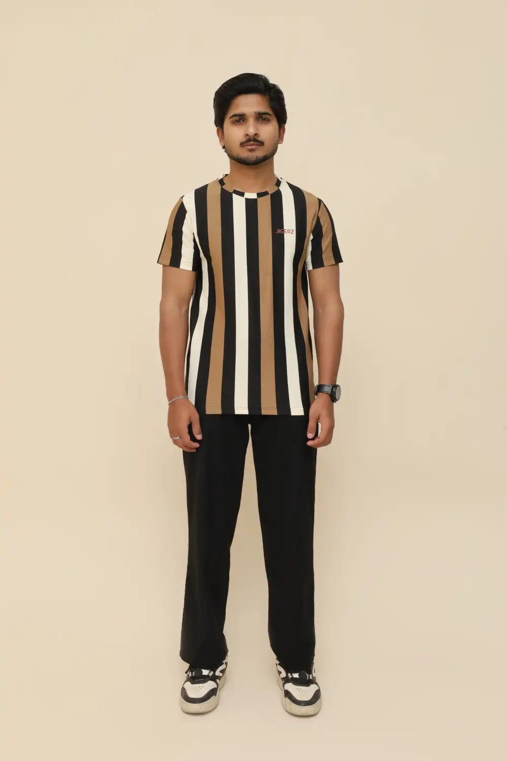 Sand Beige Stripe Popcorn Knit Stretch Crew Neck T-Shirt