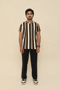 Sand Beige Stripe Popcorn Knit Stretch Crew Neck T-Shirt