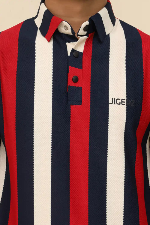 Crimson Navy Stripe Popcorn Knit Stretch Polo T-Shirt