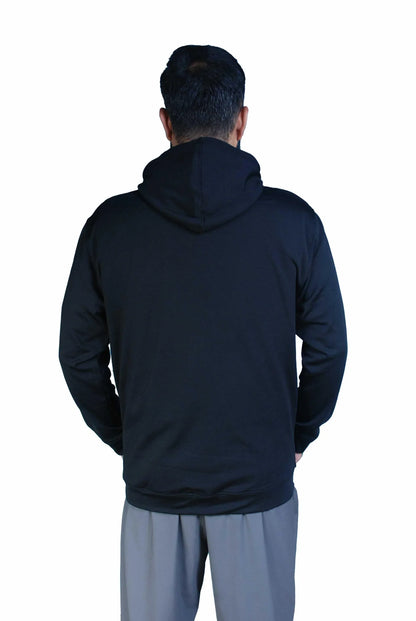 Man wearing plain black hoodie and gray pants, viewed from the back on white background