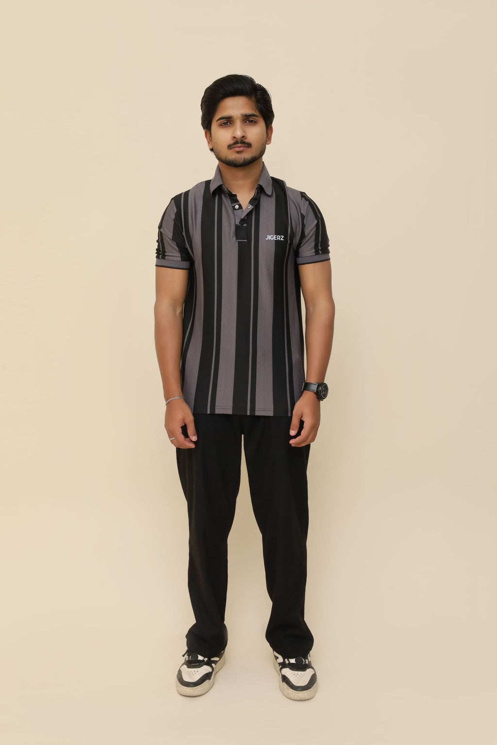 Midnight Grey Stripe Popcorn Knit Stretch Polo T-Shirt