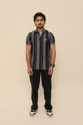 Midnight Grey Stripe Popcorn Knit Stretch Polo T-Shirt