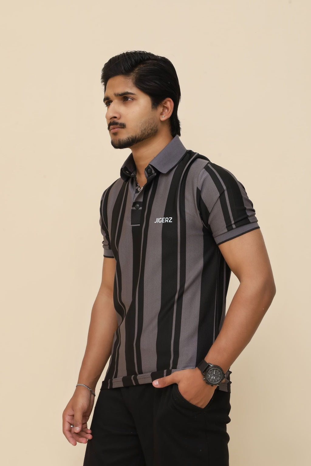 Midnight Grey Stripe Popcorn Knit Stretch Polo T-Shirt