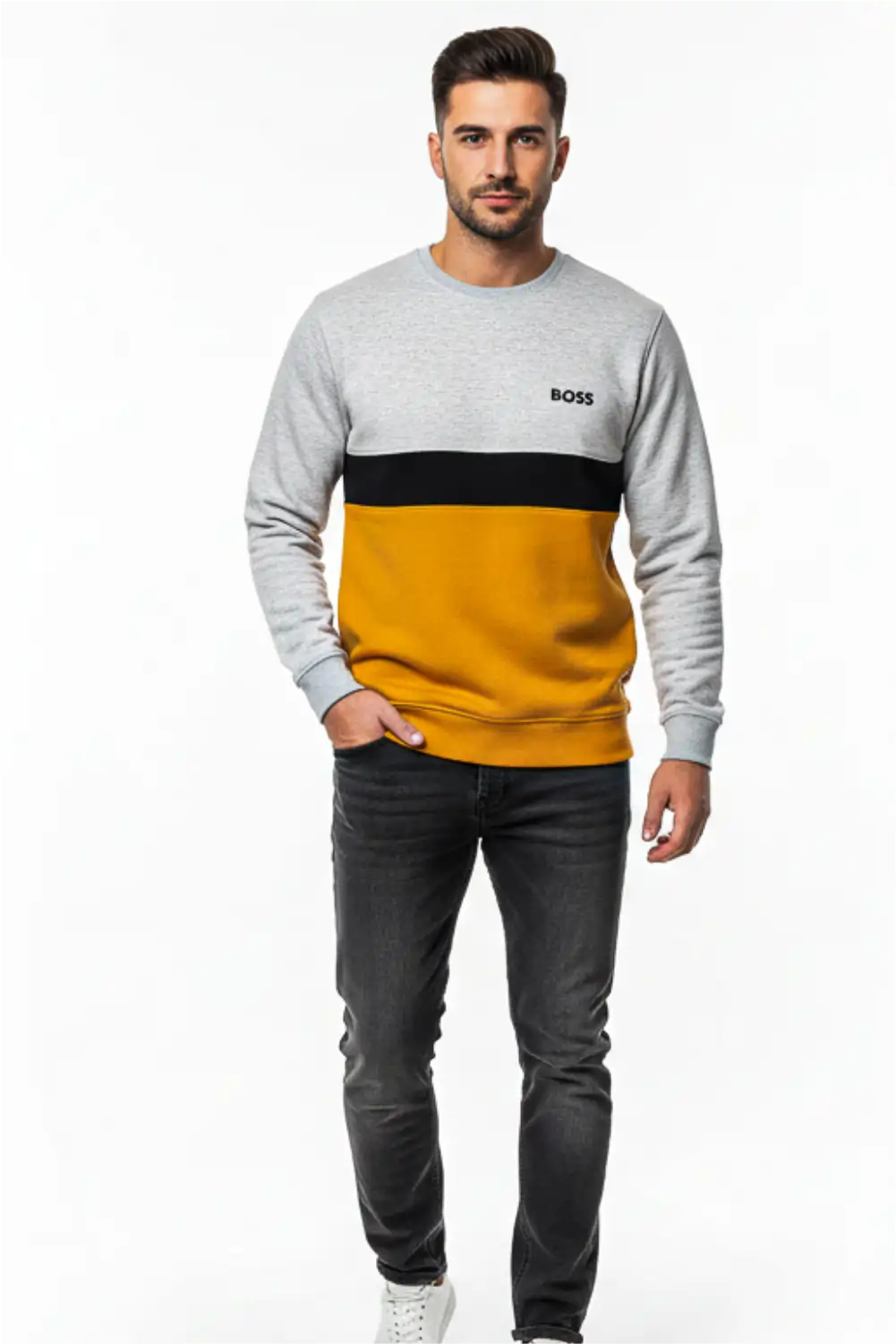 Men's Stylish Winter Sweatshirt - Light Grey & Orange