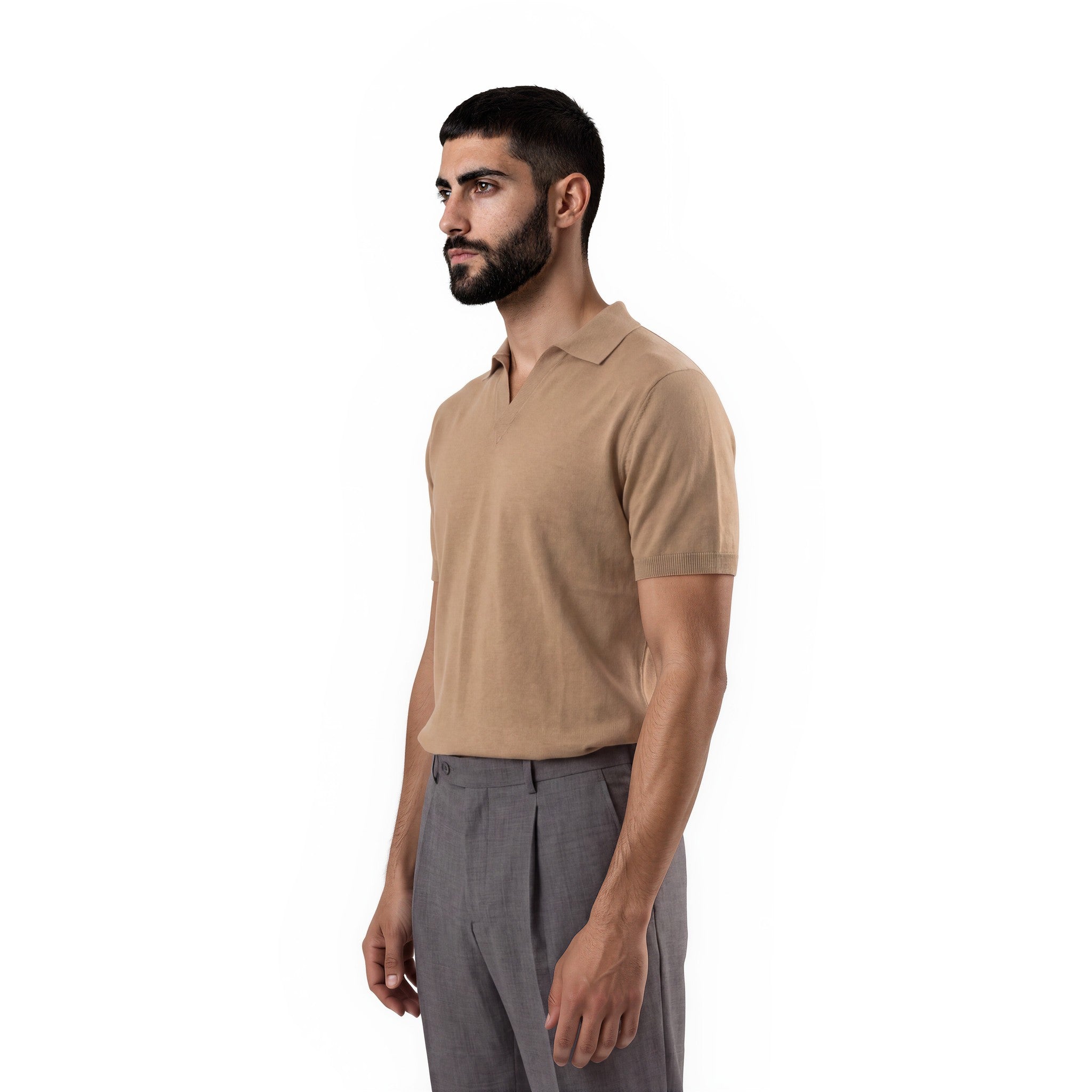 Premium Men's Knitted Open-Collar Polo Shirt - Beige
