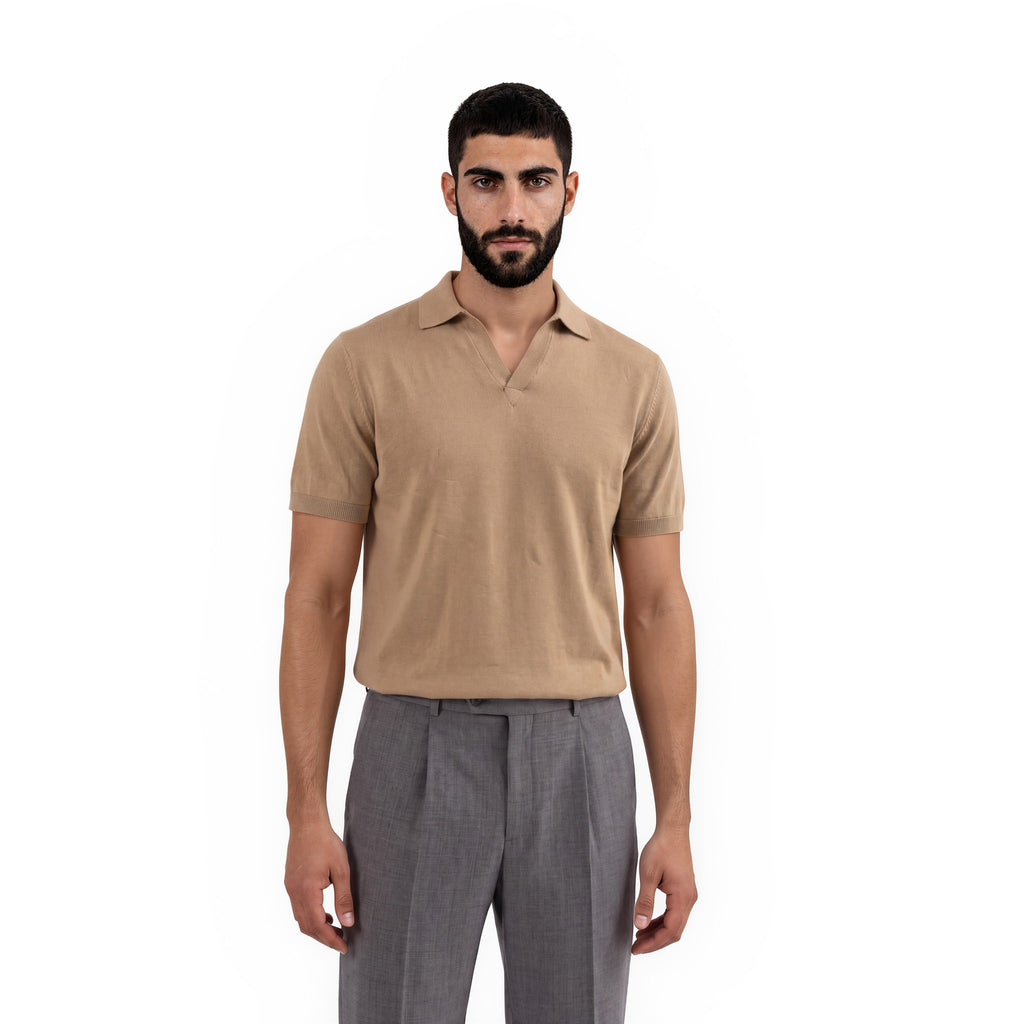 Premium Men's Knitted Open-Collar Polo Shirt - Beige