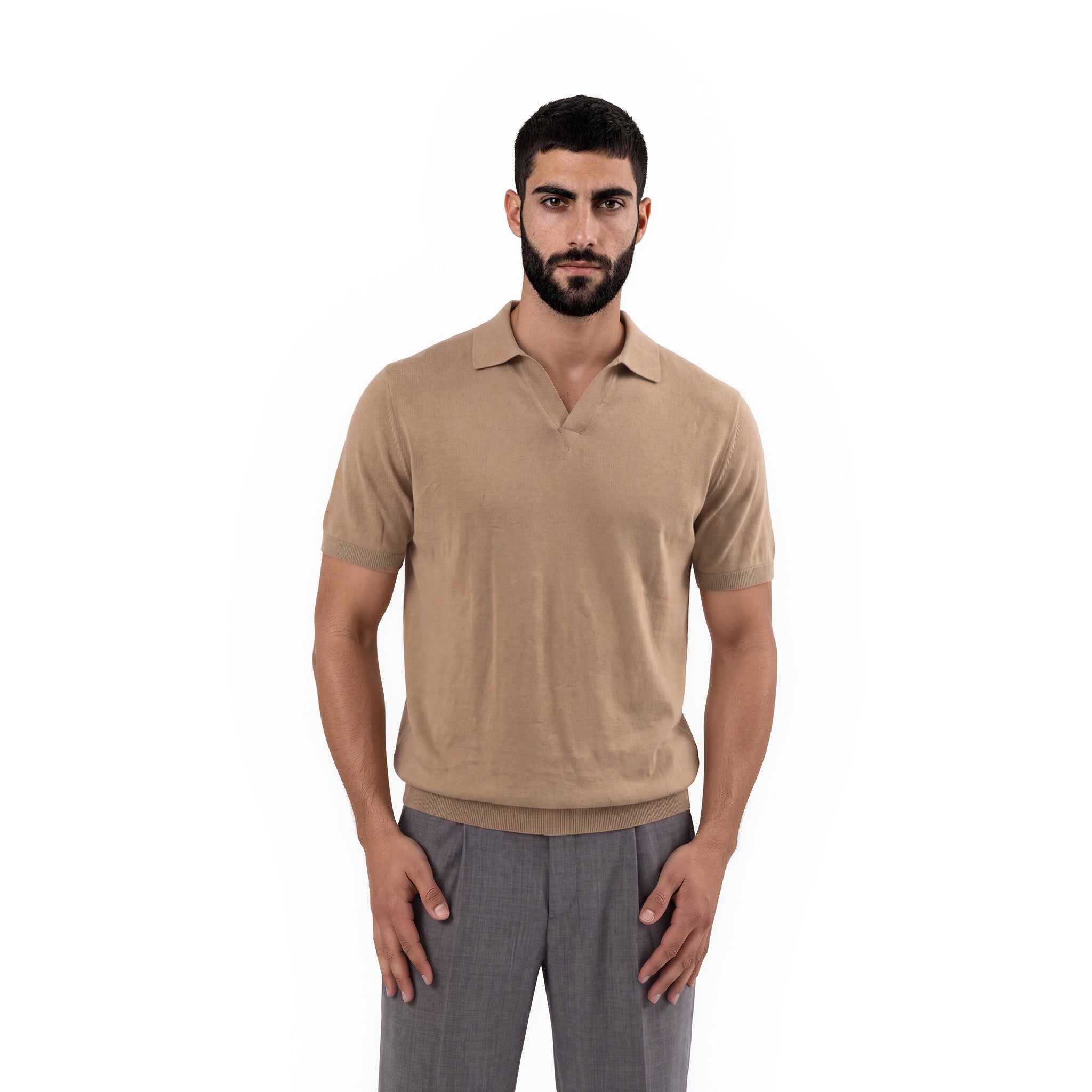 Premium Men's Knitted Open-Collar Polo Shirt - Beige